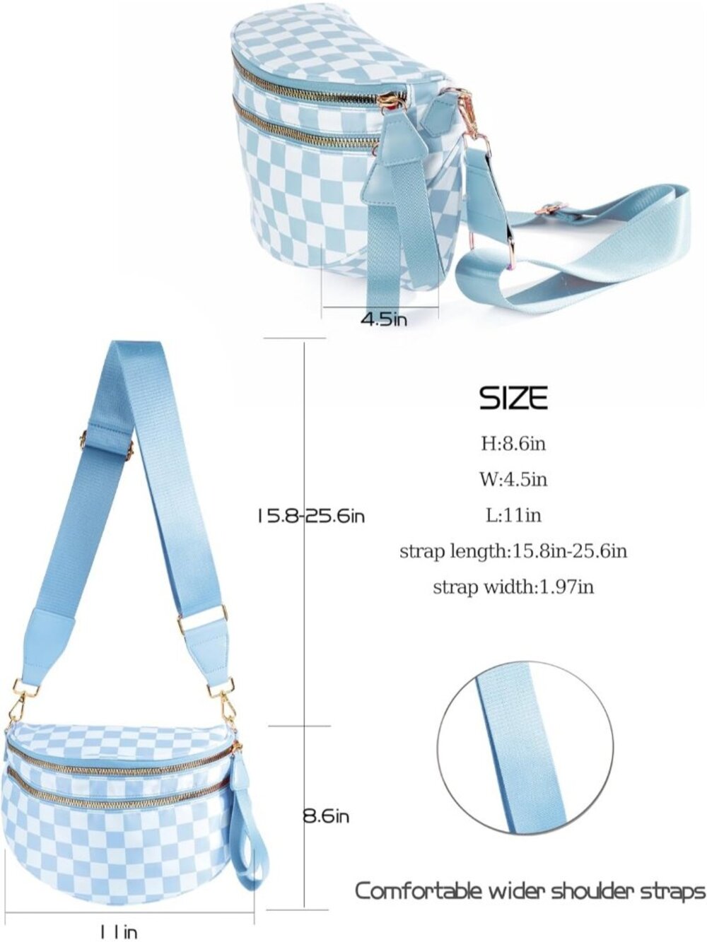 Women's Light Blue Nylon Spacious Bum Bag Travel Purse Crossbody Bag - Picture 5 of 6